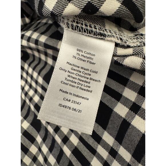 Talbots Top Womens 2X Black Plaid Button Up Long Sleeve Silver Metallic Cotton - Picture 3 of 6
